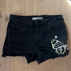 Tractr Girls Black Jean Shorts with Rainbow Embroidered Butterfly Design